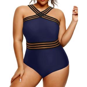 imageYonique Women Plus Size One Piece Swimsuits Tummy Control Bathing Suit Front Crossover Swimwear Strapless MonokinisNavy Blue