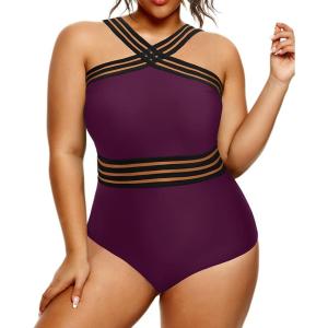 imageYonique Women Plus Size One Piece Swimsuits Tummy Control Bathing Suit Front Crossover Swimwear Strapless MonokinisPurple