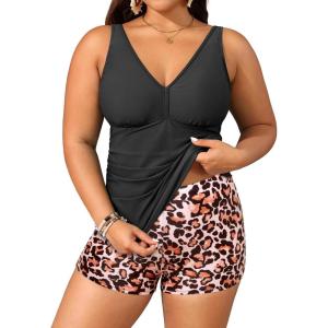 imageYonique Womens Plus Size Swimsuits with Shorts Tummy Control Tankini Two Piece Bathing Suits Athletic SwimwearBlack  Leopard