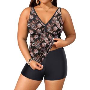 imageYonique Womens Plus Size Swimsuits with Shorts Tummy Control Tankini Two Piece Bathing Suits Athletic SwimwearBlack Red Paisley