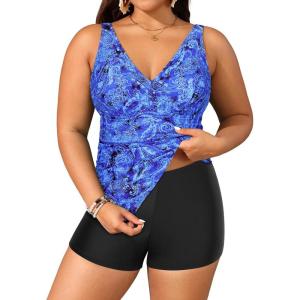 imageYonique Womens Plus Size Swimsuits with Shorts Tummy Control Tankini Two Piece Bathing Suits Athletic SwimwearBlue Paisley