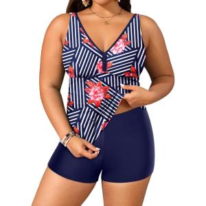 imageYonique Womens Plus Size Swimsuits with Shorts Tummy Control Tankini Two Piece Bathing Suits Athletic SwimwearBlue Stripe