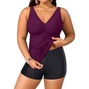 imageYonique Womens Plus Size Swimsuits with Shorts Tummy Control Tankini Two Piece Bathing Suits Athletic SwimwearDark Purple Red