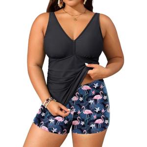 imageYonique Womens Plus Size Swimsuits with Shorts Tummy Control Tankini Two Piece Bathing Suits Athletic SwimwearFlamingo