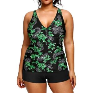 imageYonique Womens Plus Size Swimsuits with Shorts Tummy Control Tankini Two Piece Bathing Suits Athletic SwimwearGreen Paisley