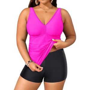 imageYonique Womens Plus Size Swimsuits with Shorts Tummy Control Tankini Two Piece Bathing Suits Athletic SwimwearHot Pink