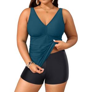 imageYonique Womens Plus Size Swimsuits with Shorts Tummy Control Tankini Two Piece Bathing Suits Athletic SwimwearMalachite Green