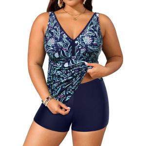 imageYonique Womens Plus Size Swimsuits with Shorts Tummy Control Tankini Two Piece Bathing Suits Athletic SwimwearNavy Blue Floral