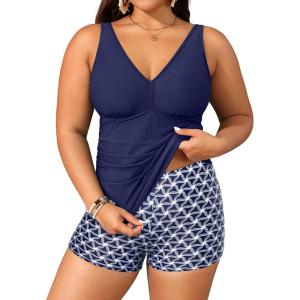 imageYonique Womens Plus Size Swimsuits with Shorts Tummy Control Tankini Two Piece Bathing Suits Athletic SwimwearNavy Blue Geometry