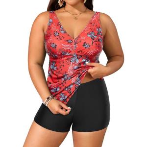 imageYonique Womens Plus Size Swimsuits with Shorts Tummy Control Tankini Two Piece Bathing Suits Athletic SwimwearRed Floral
