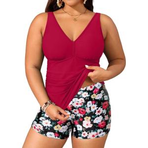 imageYonique Womens Plus Size Swimsuits with Shorts Tummy Control Tankini Two Piece Bathing Suits Athletic SwimwearRed Flowers
