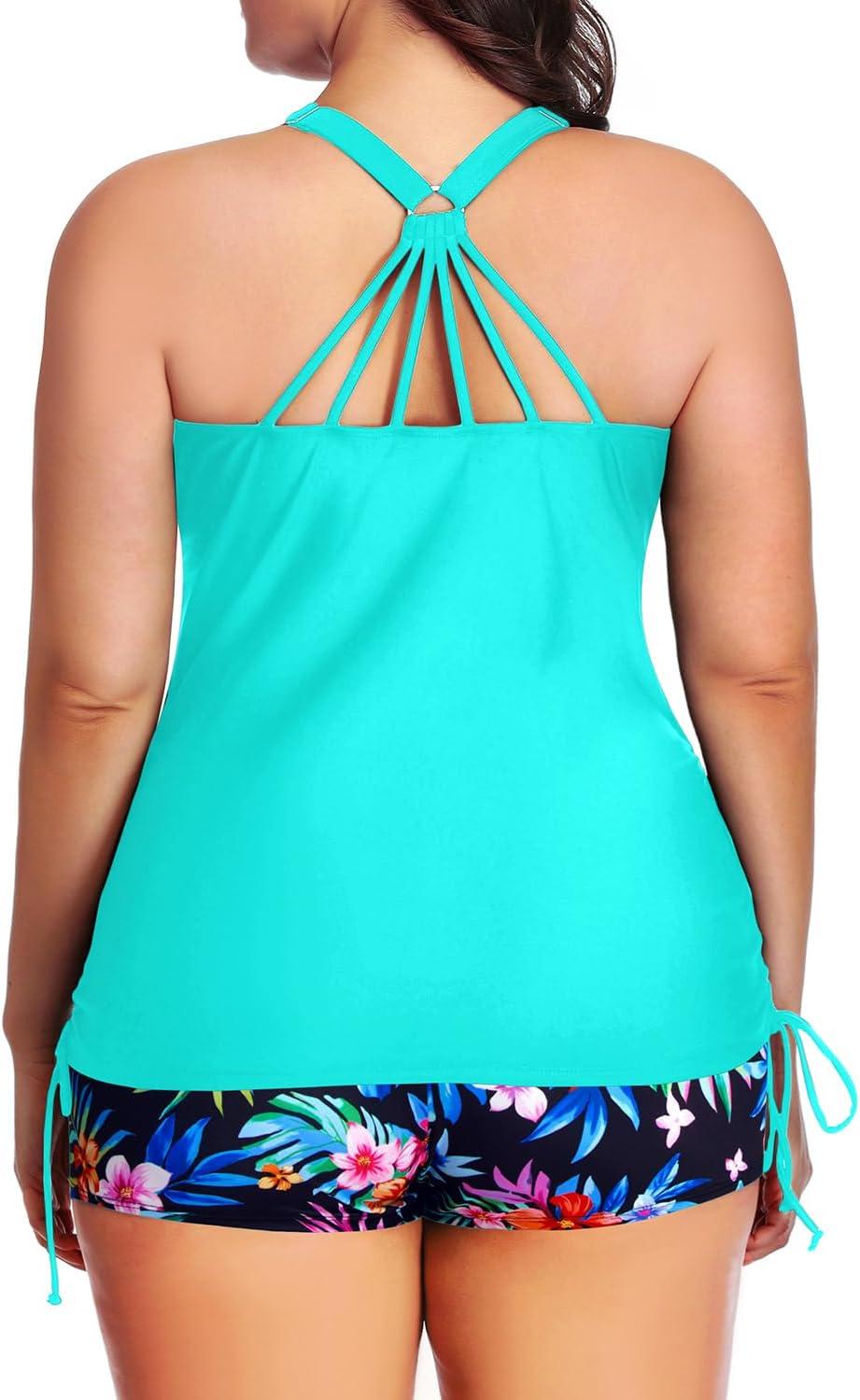 imageYonique Women Plus Size Tankini with Shorts Two Piece Bathing Suits Athletic Swimsuits Tummy Control SwimwearAqua Colorful Floral