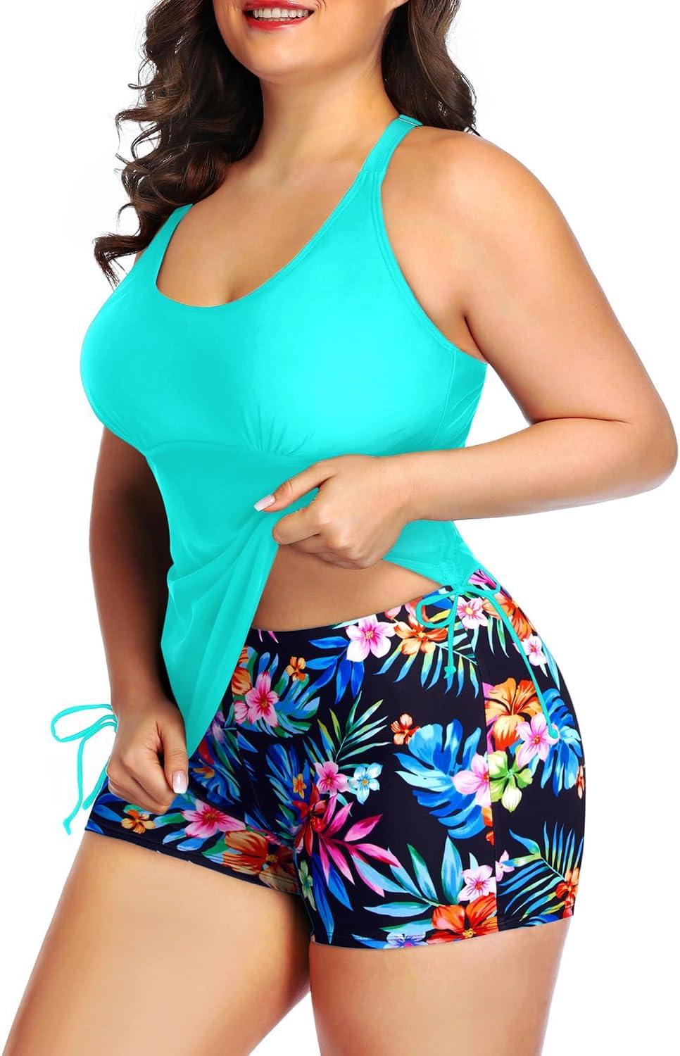 imageYonique Women Plus Size Tankini with Shorts Two Piece Bathing Suits Athletic Swimsuits Tummy Control SwimwearAqua Colorful Floral