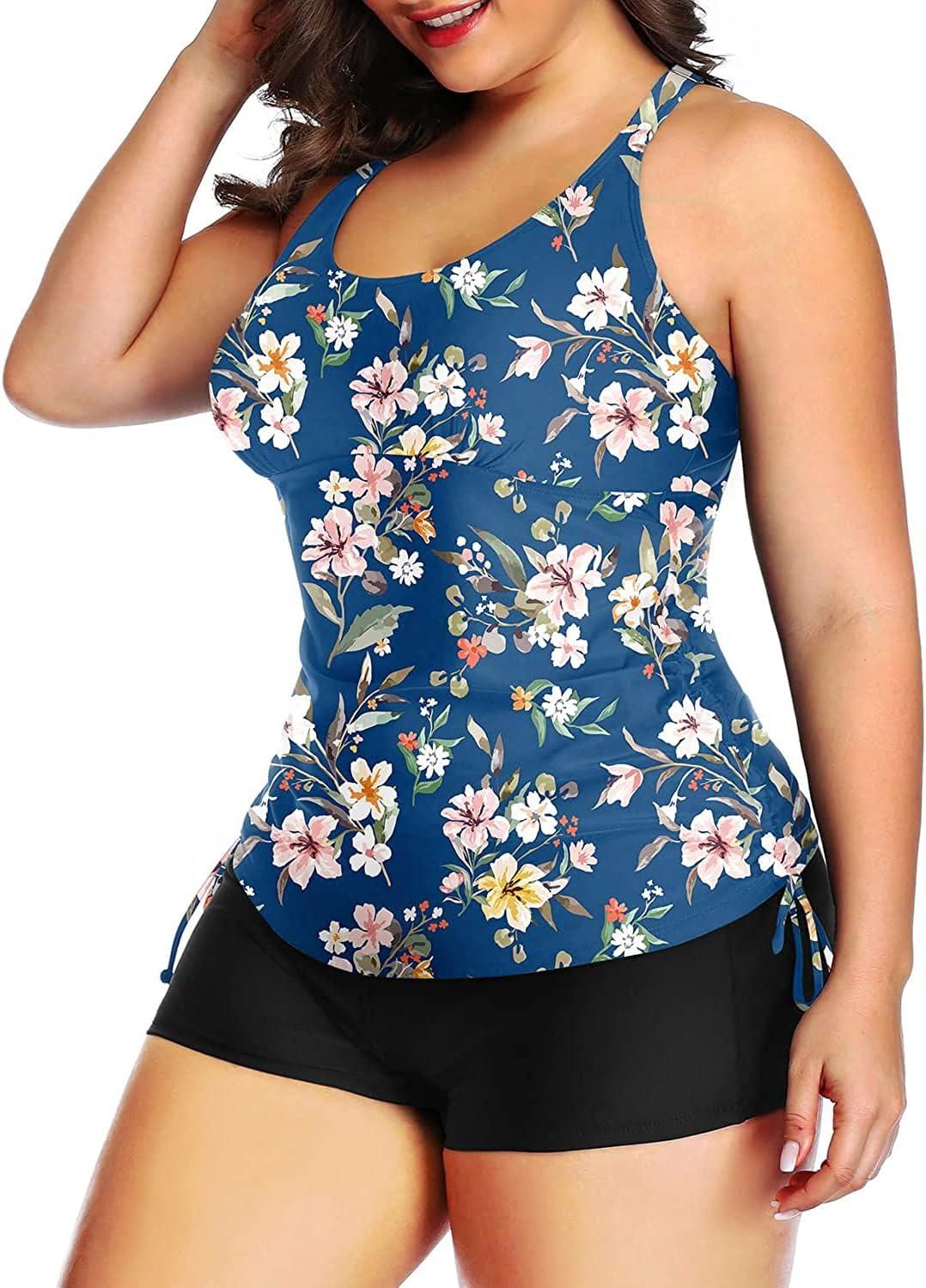 imageYonique Women Plus Size Tankini with Shorts Two Piece Bathing Suits Athletic Swimsuits Tummy Control SwimwearBlue Colorful Floral