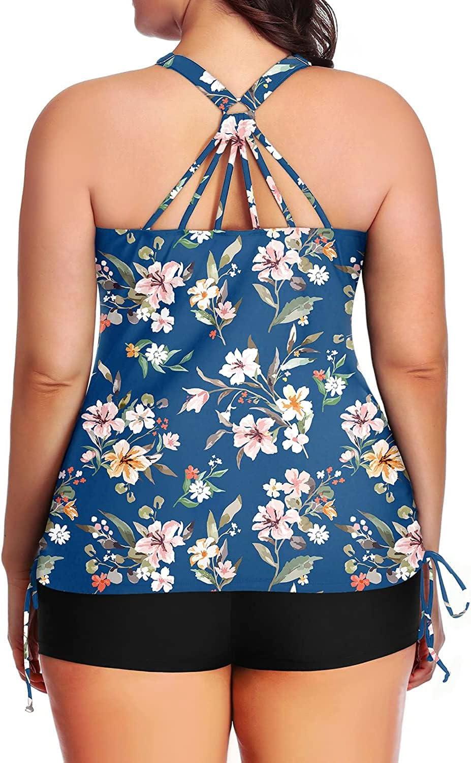 imageYonique Women Plus Size Tankini with Shorts Two Piece Bathing Suits Athletic Swimsuits Tummy Control SwimwearBlue Colorful Floral