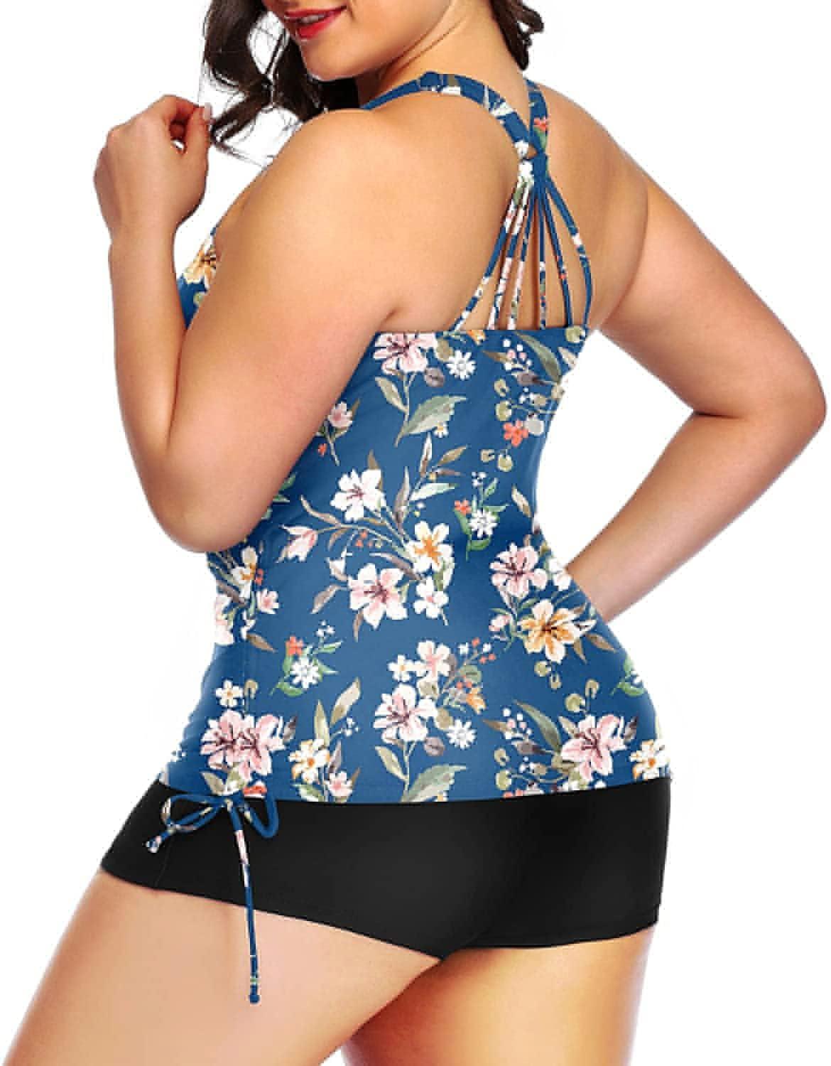 imageYonique Women Plus Size Tankini with Shorts Two Piece Bathing Suits Athletic Swimsuits Tummy Control SwimwearBlue Colorful Floral