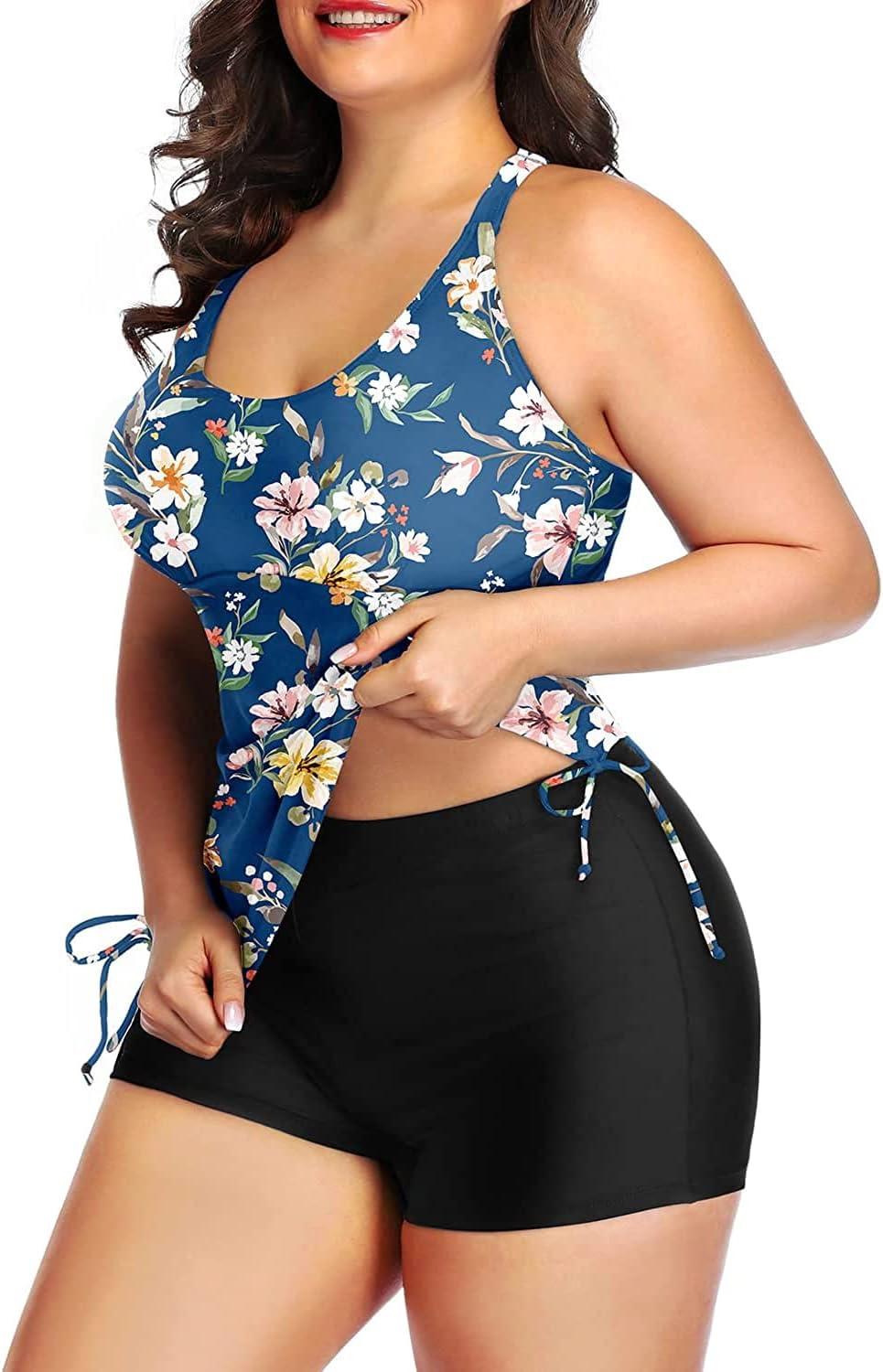 imageYonique Women Plus Size Tankini with Shorts Two Piece Bathing Suits Athletic Swimsuits Tummy Control SwimwearBlue Colorful Floral