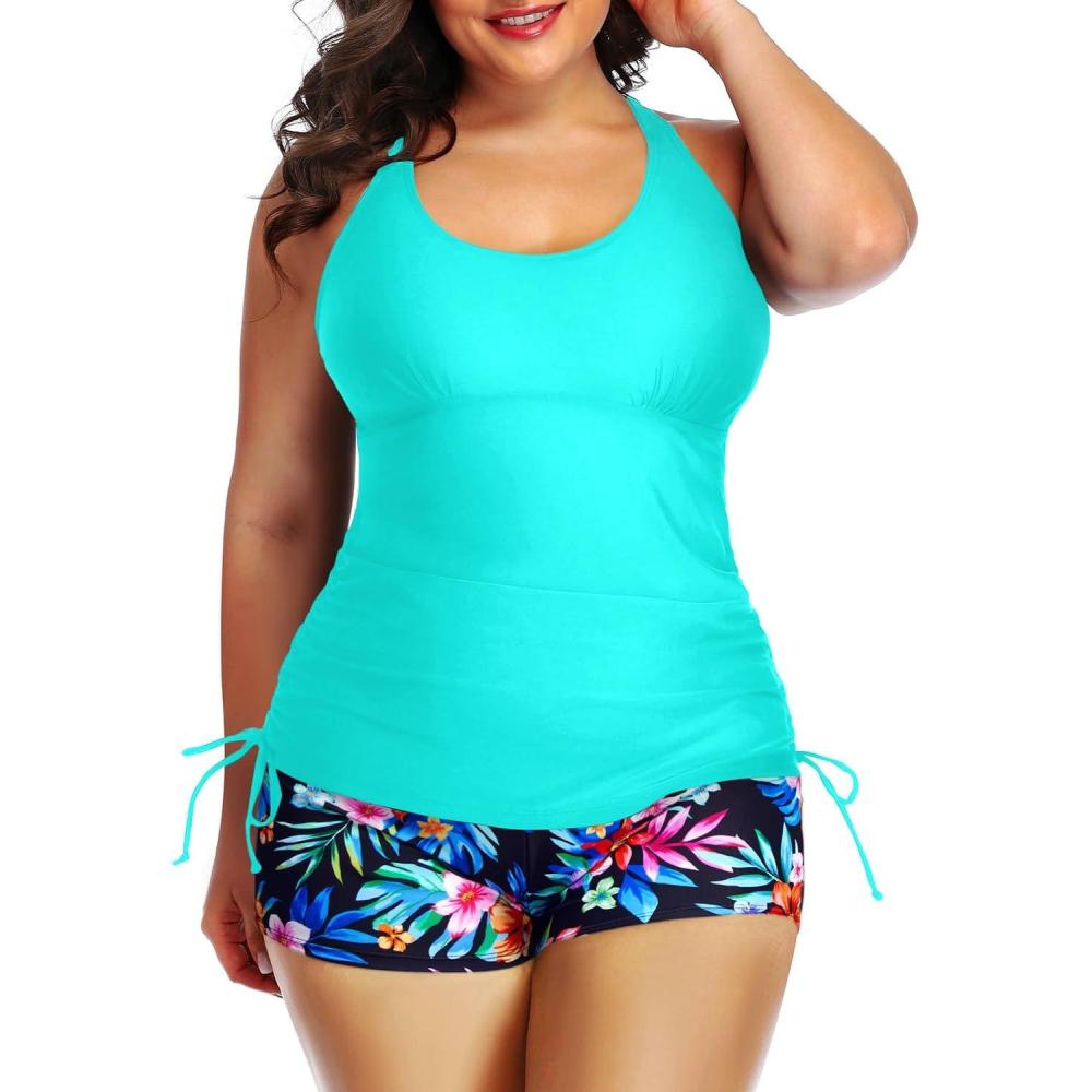imageYonique Women Plus Size Tankini with Shorts Two Piece Bathing Suits Athletic Swimsuits Tummy Control SwimwearAqua Colorful Floral