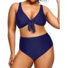 imageYonique Women Plus Size Two Piece Swimsuits High Waisted Bikini Set Tie Knot Bathing Suits Tummy Control Swimwear Navy Blue 18Plus