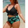 imageYonique Women Plus Size Two Piece Swimsuits High Waisted Bikini Set Tummy Control Bathing Suits Ruffle SwimwearBlack and Flowers