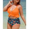 imageYonique Women Plus Size Two Piece Swimsuits High Waisted Bikini Set Tummy Control Bathing Suits Ruffle SwimwearOrange Flowers