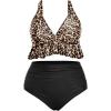 imageYonique Women Plus Size Two Piece Swimsuits High Waisted Bikini Set Tummy Control Bathing Suits Ruffle SwimwearLeopard and Black