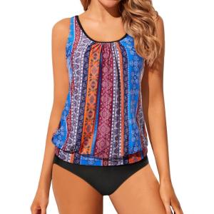 imageYonique Women 2 Piece Blouson Tankini Swimsuits Tummy Control Bathing Suits Athletic SwimwearColorful 02