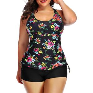 imageYonique Women Plus Size Tankini with Shorts Two Piece Bathing Suits Athletic Swimsuits Tummy Control SwimwearBlack Floral