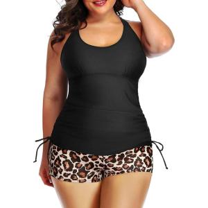 imageYonique Women Plus Size Tankini with Shorts Two Piece Bathing Suits Athletic Swimsuits Tummy Control SwimwearBlack Leopard