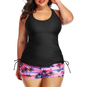 imageYonique Women Plus Size Tankini with Shorts Two Piece Bathing Suits Athletic Swimsuits Tummy Control SwimwearBlack and Pink Coconut Tree
