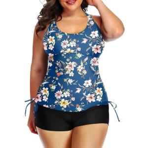 imageYonique Women Plus Size Tankini with Shorts Two Piece Bathing Suits Athletic Swimsuits Tummy Control SwimwearBlue Colorful Floral
