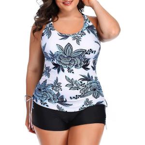 imageYonique Women Plus Size Tankini with Shorts Two Piece Bathing Suits Athletic Swimsuits Tummy Control SwimwearBlue White