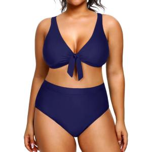 imageYonique Women Plus Size Two Piece Swimsuits High Waisted Bikini Set Tie Knot Bathing Suits Tummy Control Swimwear Navy Blue 18Plus