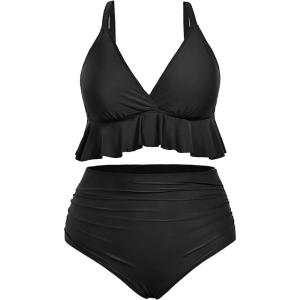 imageYonique Women Plus Size Two Piece Swimsuits High Waisted Bikini Set Tummy Control Bathing Suits Ruffle SwimwearBlack