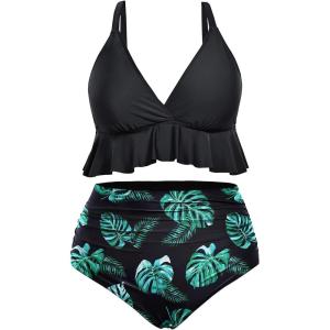imageYonique Women Plus Size Two Piece Swimsuits High Waisted Bikini Set Tummy Control Bathing Suits Ruffle SwimwearBlack and Flowers