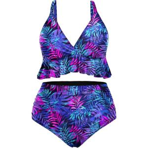 imageYonique Women Plus Size Two Piece Swimsuits High Waisted Bikini Set Tummy Control Bathing Suits Ruffle SwimwearBlue Leaves