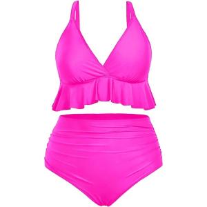 imageYonique Women Plus Size Two Piece Swimsuits High Waisted Bikini Set Tummy Control Bathing Suits Ruffle SwimwearHot Pink