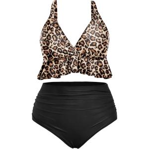 imageYonique Women Plus Size Two Piece Swimsuits High Waisted Bikini Set Tummy Control Bathing Suits Ruffle SwimwearLeopard and Black