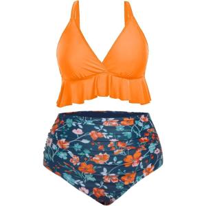 imageYonique Women Plus Size Two Piece Swimsuits High Waisted Bikini Set Tummy Control Bathing Suits Ruffle SwimwearOrange Flowers