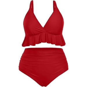 imageYonique Women Plus Size Two Piece Swimsuits High Waisted Bikini Set Tummy Control Bathing Suits Ruffle SwimwearRed