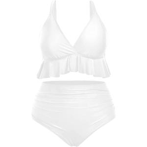 imageYonique Women Plus Size Two Piece Swimsuits High Waisted Bikini Set Tummy Control Bathing Suits Ruffle SwimwearWhite