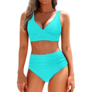 imageYonique Womens Two Piece High Waisted Bikini Set Tummy Control Swimsuit Full Coverage Bathing SuitAqua