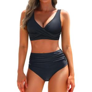 imageYonique Womens Two Piece High Waisted Bikini Set Tummy Control Swimsuit Full Coverage Bathing SuitBlack