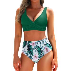 imageYonique Womens Two Piece High Waisted Bikini Set Tummy Control Swimsuit Full Coverage Bathing SuitGreen Floral