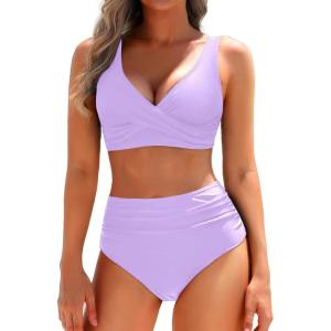 imageYonique Womens Two Piece High Waisted Bikini Set Tummy Control Swimsuit Full Coverage Bathing SuitLight Purple