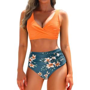 imageYonique Womens Two Piece High Waisted Bikini Set Tummy Control Swimsuit Full Coverage Bathing SuitOrange Flowers