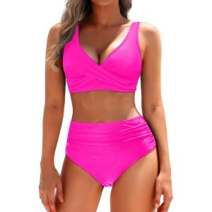 imageYonique Womens Two Piece High Waisted Bikini Set Tummy Control Swimsuit Full Coverage Bathing SuitPink