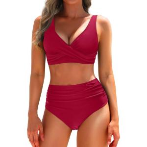 imageYonique Womens Two Piece High Waisted Bikini Set Tummy Control Swimsuit Full Coverage Bathing SuitRed