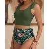 imageTwo Piece High Waisted Swimsuits  Women Tummy Control Bikini Modest Bathing Suit 2PC 2025Olive Green Floral