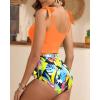 imageTwo Piece High Waisted Swimsuits  Women Tummy Control Bikini Modest Bathing Suit 2PC 2025Orange and Leaves
